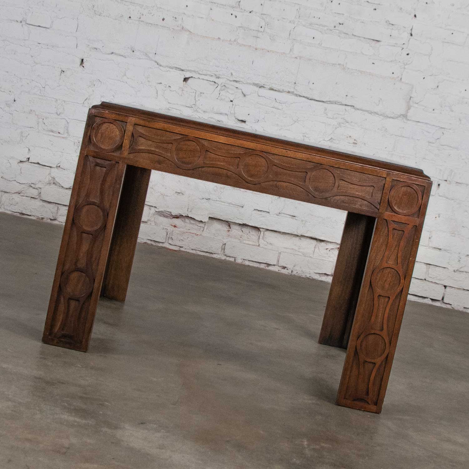 Vintage Modern Square Lane End or Side Table with Carved Leg Design & Chevron Veneer Top