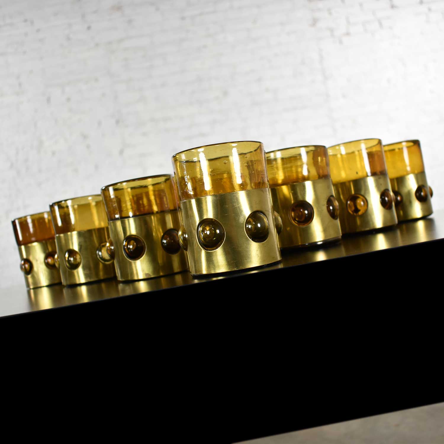 Imprisoned Mexican Glass Brutalist Modern Tumblers in Brown & Brass by Filipe Derflingher Set 10