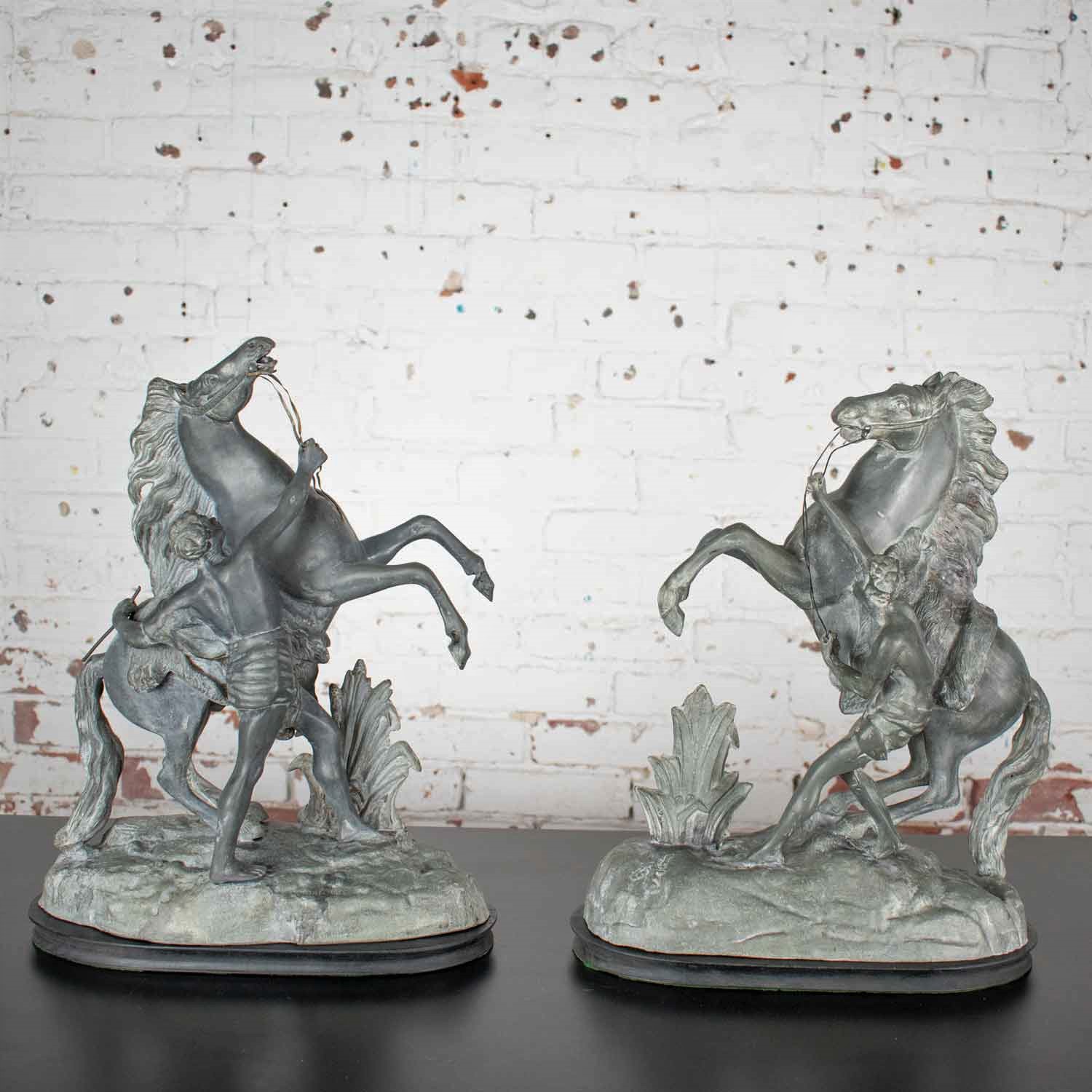 Antique Pair Detailed Spelter Marly Rearing Horse & Groom Sculptures after Guillaume Coustou