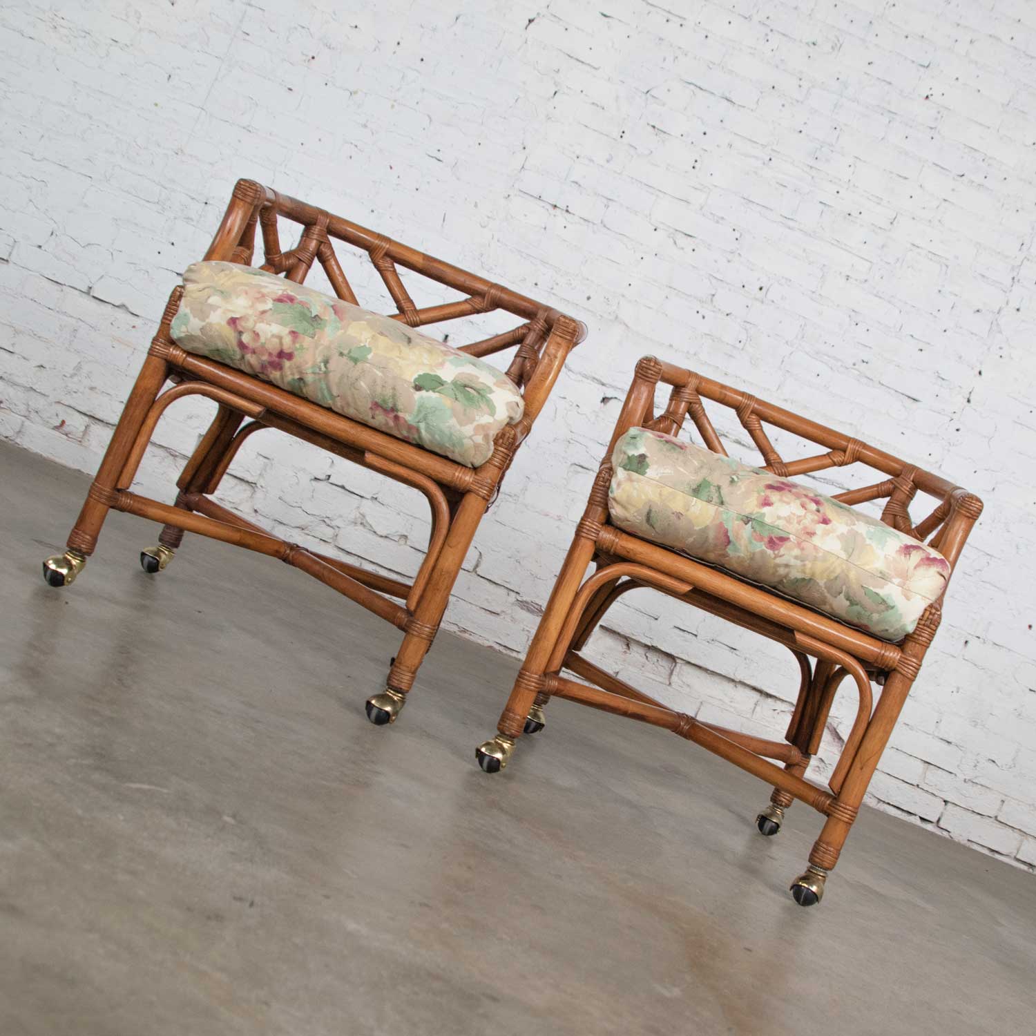 Vintage Pair Chinese Chippendale Rattan Rolling Accent Chairs Wicker by Henry Link