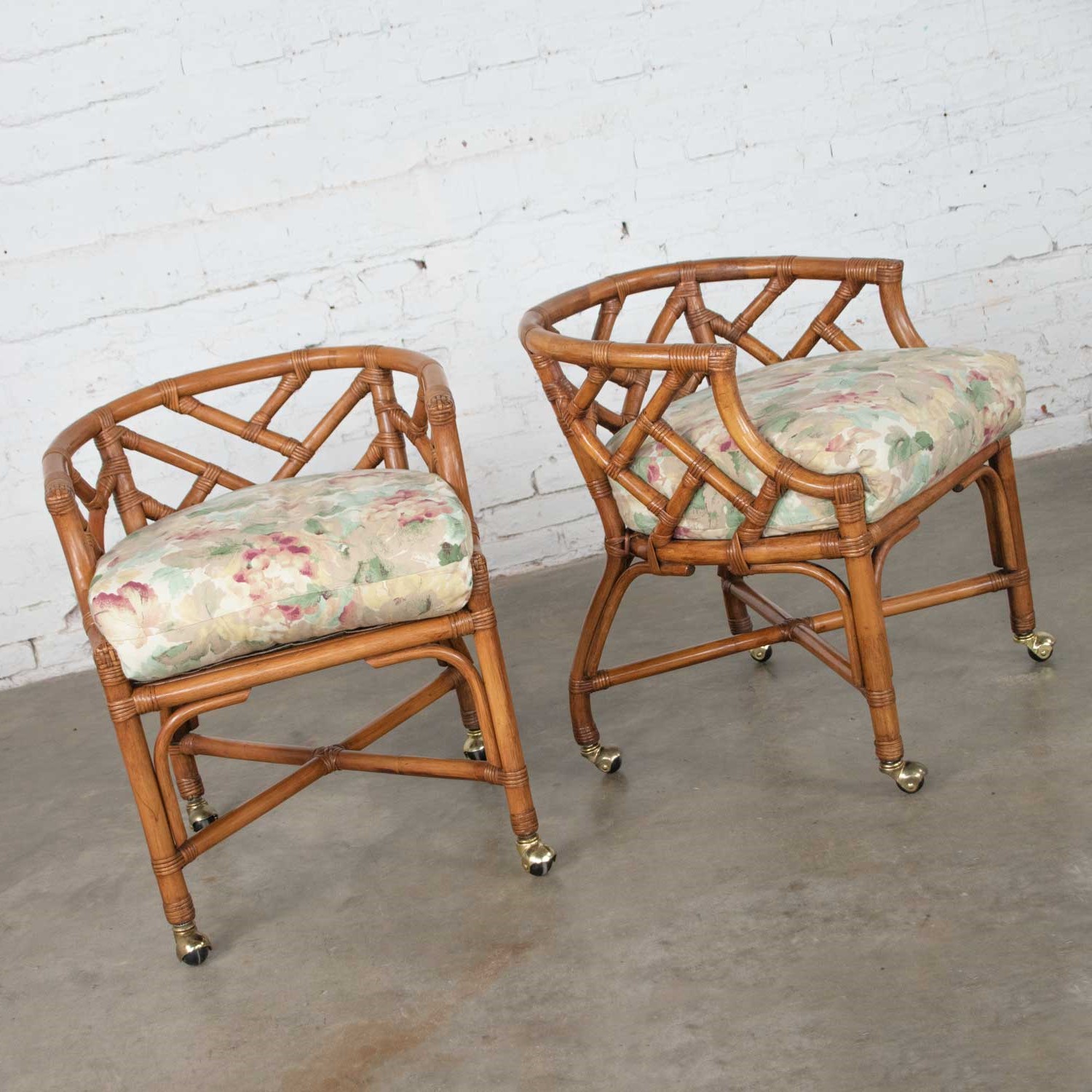 Vintage Pair Chinese Chippendale Rattan Rolling Accent Chairs Wicker by Henry Link