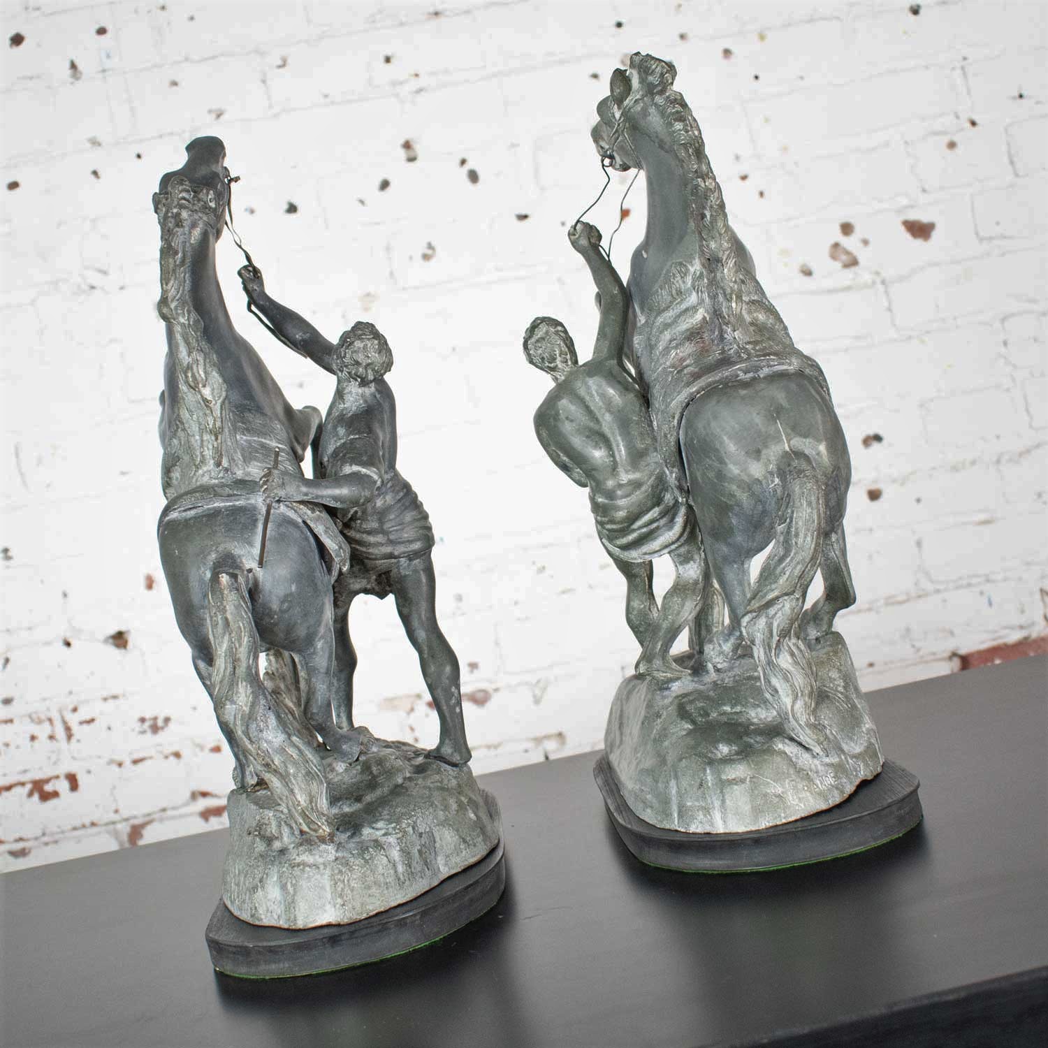 Antique Pair Detailed Spelter Marly Rearing Horse & Groom Sculptures after Guillaume Coustou