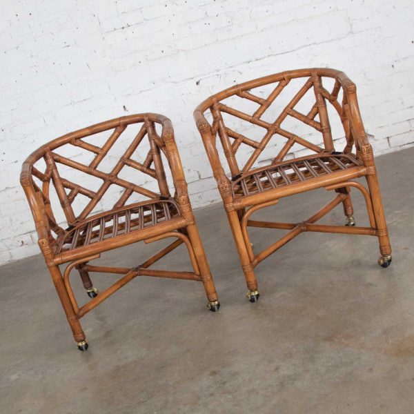 Vintage Pair Chinese Chippendale Rattan Rolling Accent Chairs Wicker by Henry Link