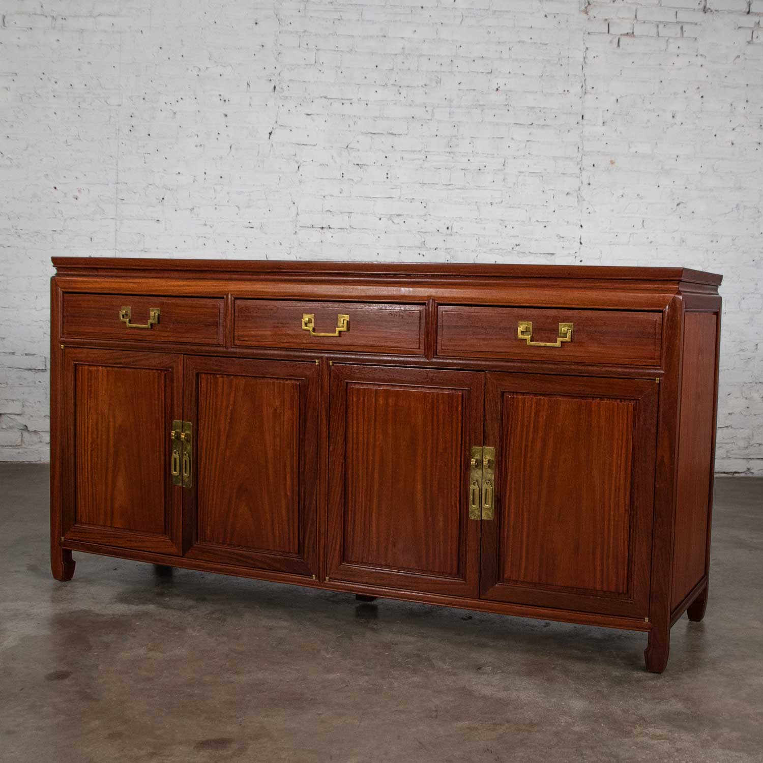 Vintage Solid Teak Chinoiserie Hollywood Regency Buffet Credenza in the Style of George Zee