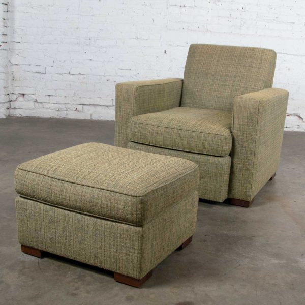 Vintage Art Deco Style Club Chair and Ottoman in Green Tweed by Hickory Chair