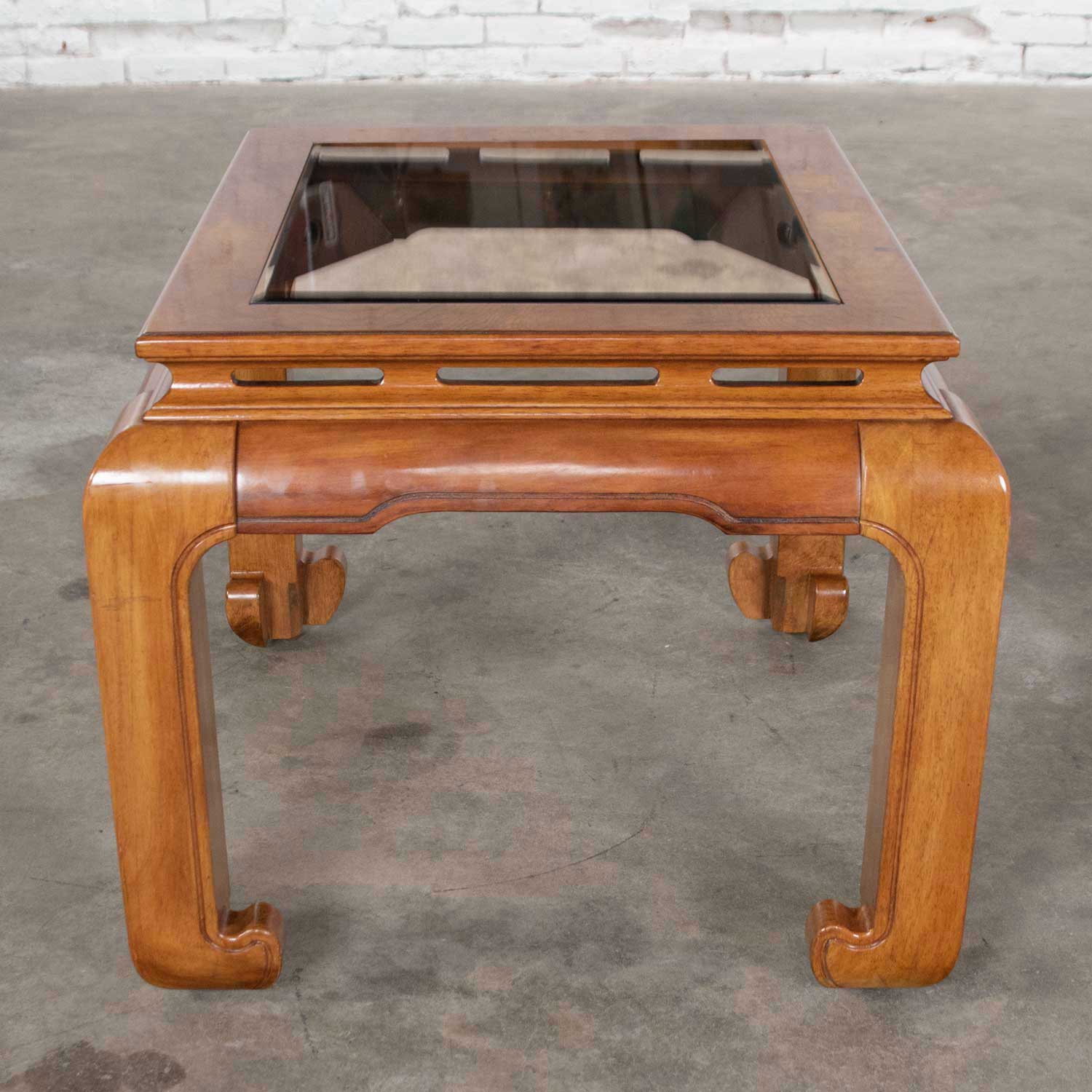 Chinoiserie Chow Leg Ming Style End Table Smoke Glass Top Insert Schnadig International Furniture