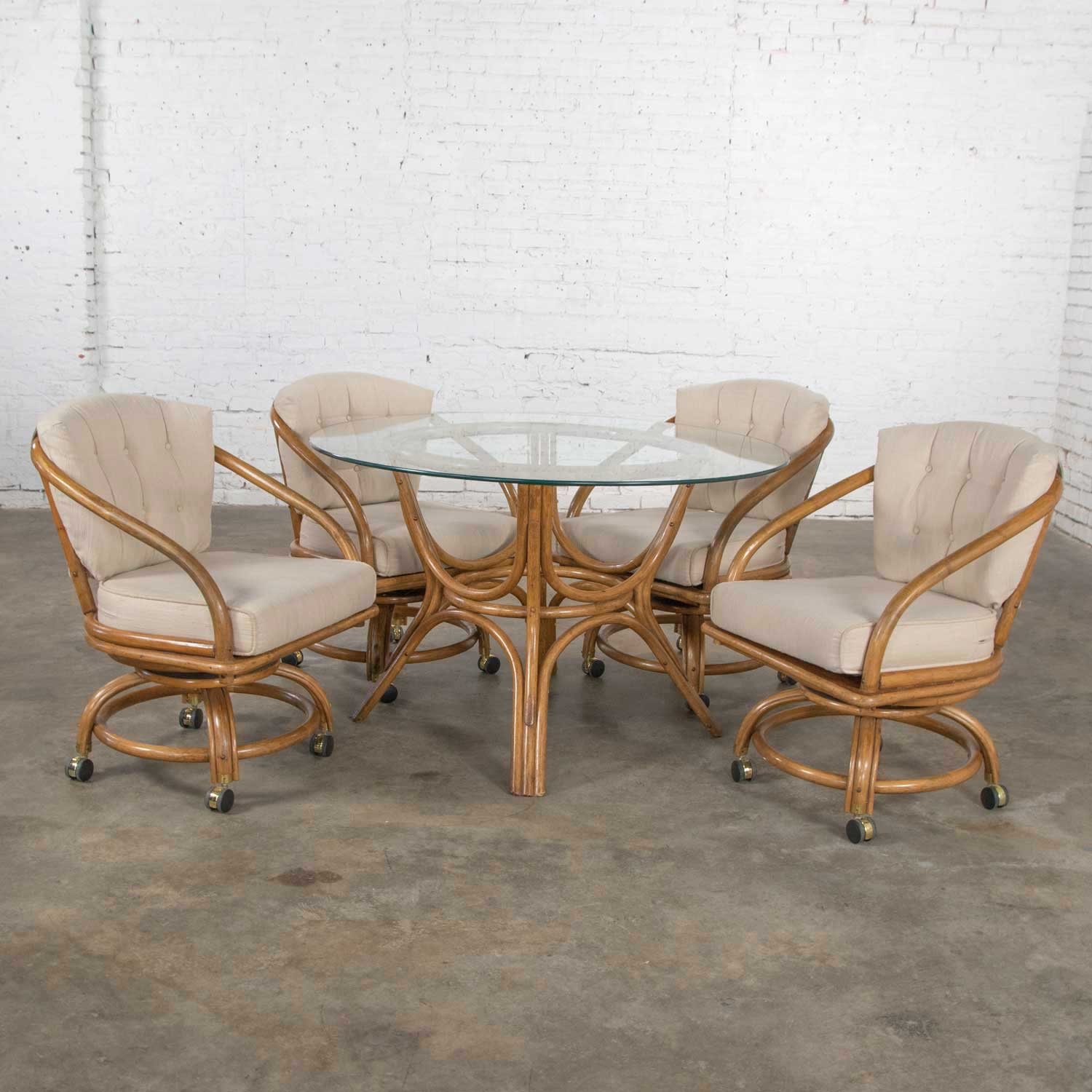 Vintage Rattan Game Table Set Round Glass Top Table & 4 Swivel Rolling Chairs 1970-1980