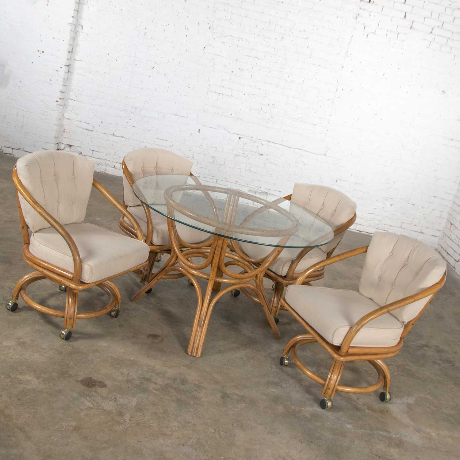 Vintage Rattan Game Table Set Round Glass Top Table & 4 Swivel Rolling Chairs 1970-1980