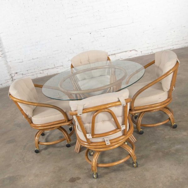 Vintage Rattan Game Table Set Round Glass Top Table & 4 Swivel Rolling Chairs 1970-1980