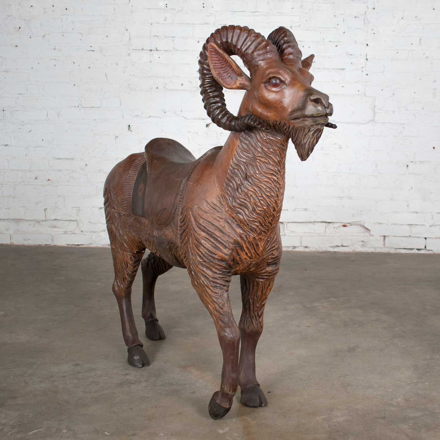 Large Hand Carved Wood Carousel Style Ram Big Horn Sheep