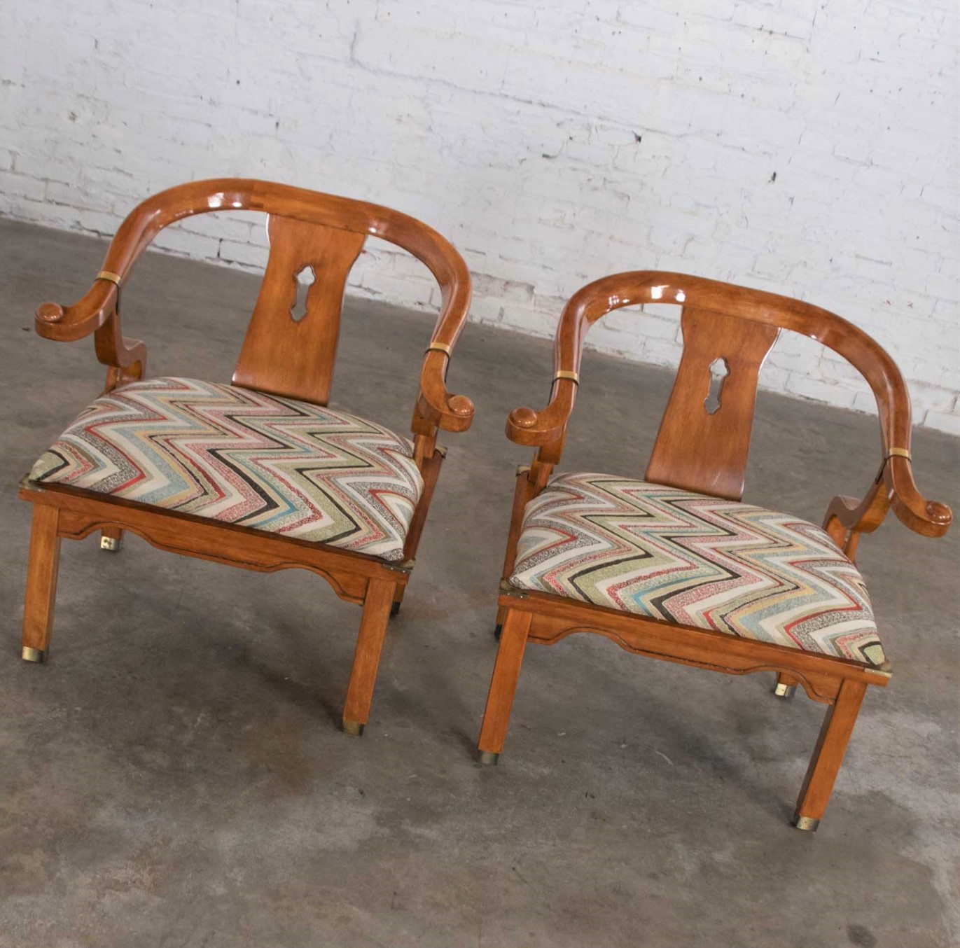 Chinoiserie Ming Style Pair of Yoke Back Lounge Chairs Attributed to Schnadig Furniture