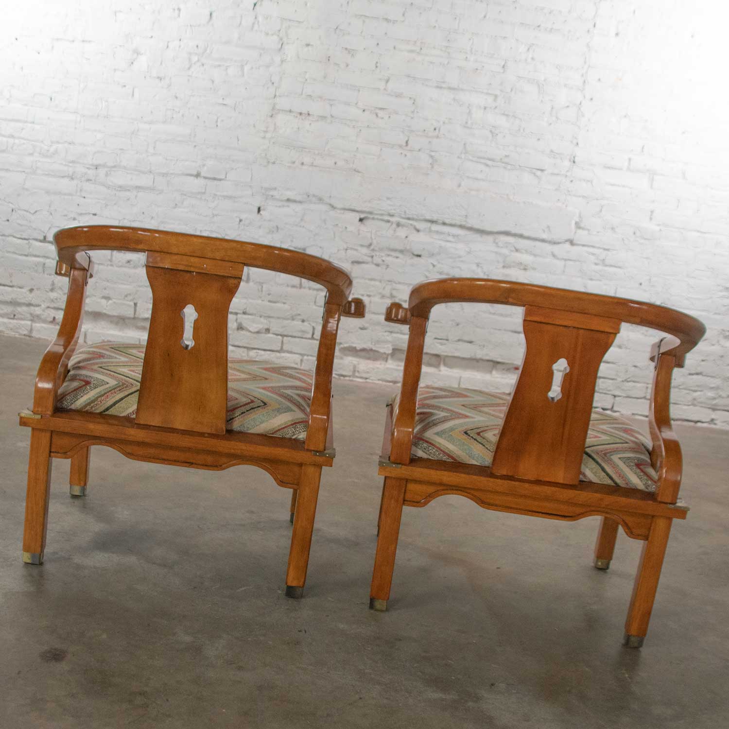 Chinoiserie Ming Style Pair of Yoke Back Lounge Chairs Attributed to Schnadig Furniture