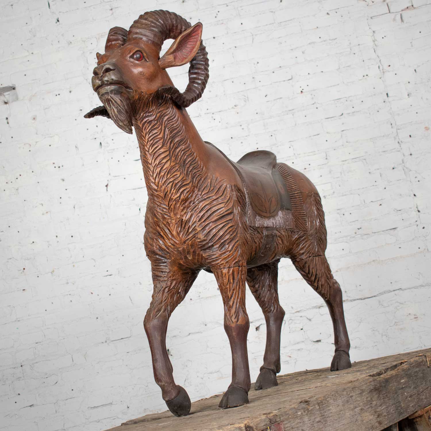 Large Hand Carved Wood Carousel Style Ram Big Horn Sheep