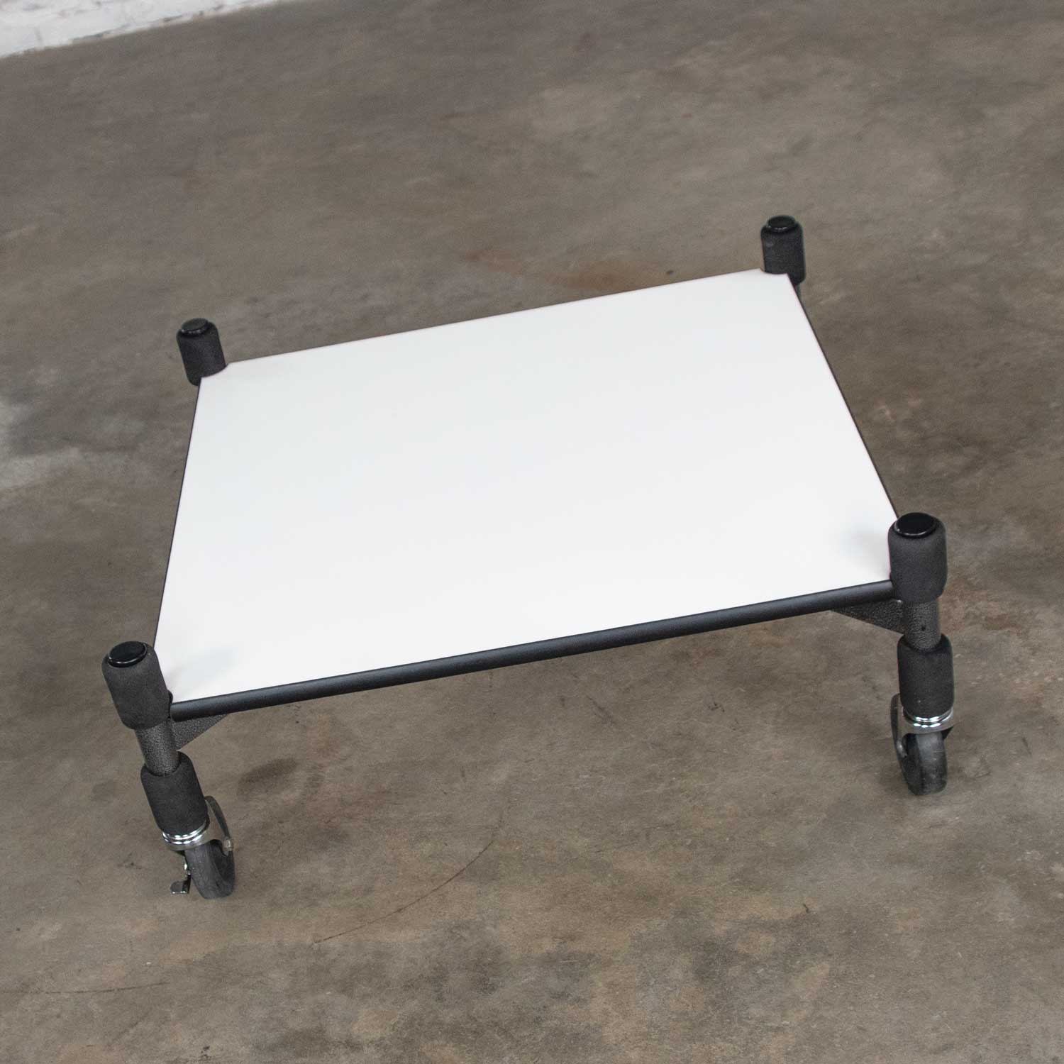 Post-Modern White Laminate & Metal Low Coffee Table or End Table on Casters Style Brian Kane