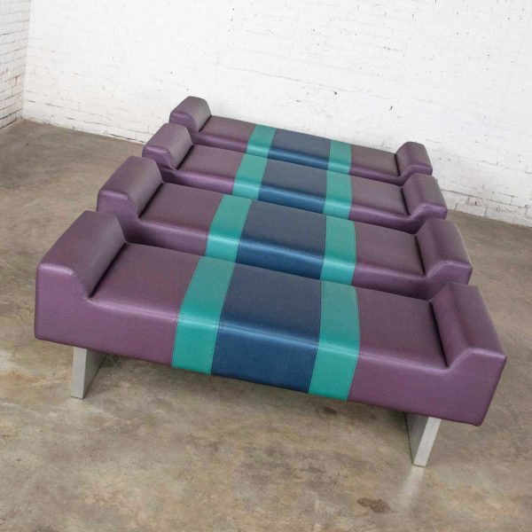 Postmodern Bench Purple Vinyl & Brushed Aluminum Bases After the Memphis Group