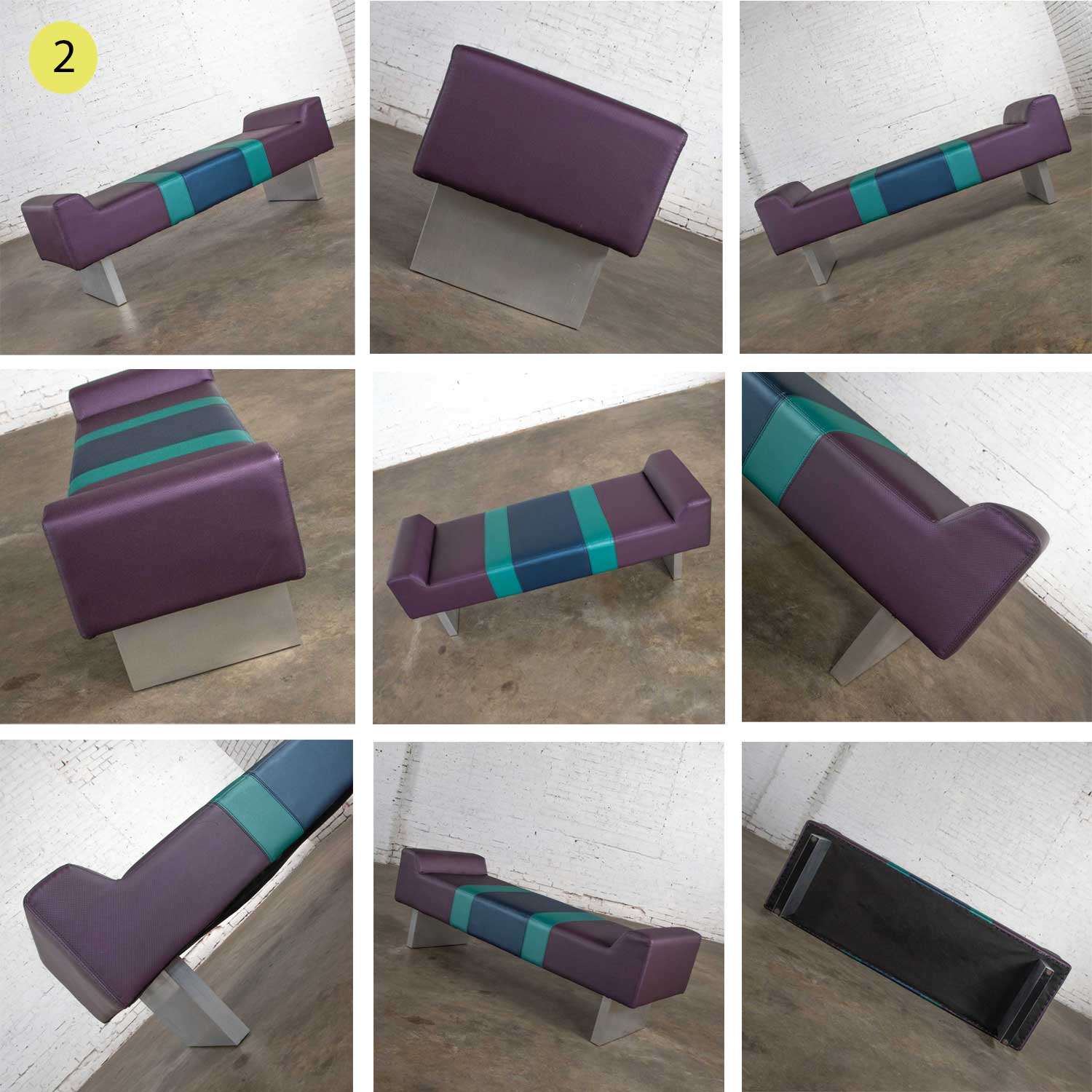 Postmodern Bench Purple Vinyl & Brushed Aluminum Bases After the Memphis Group