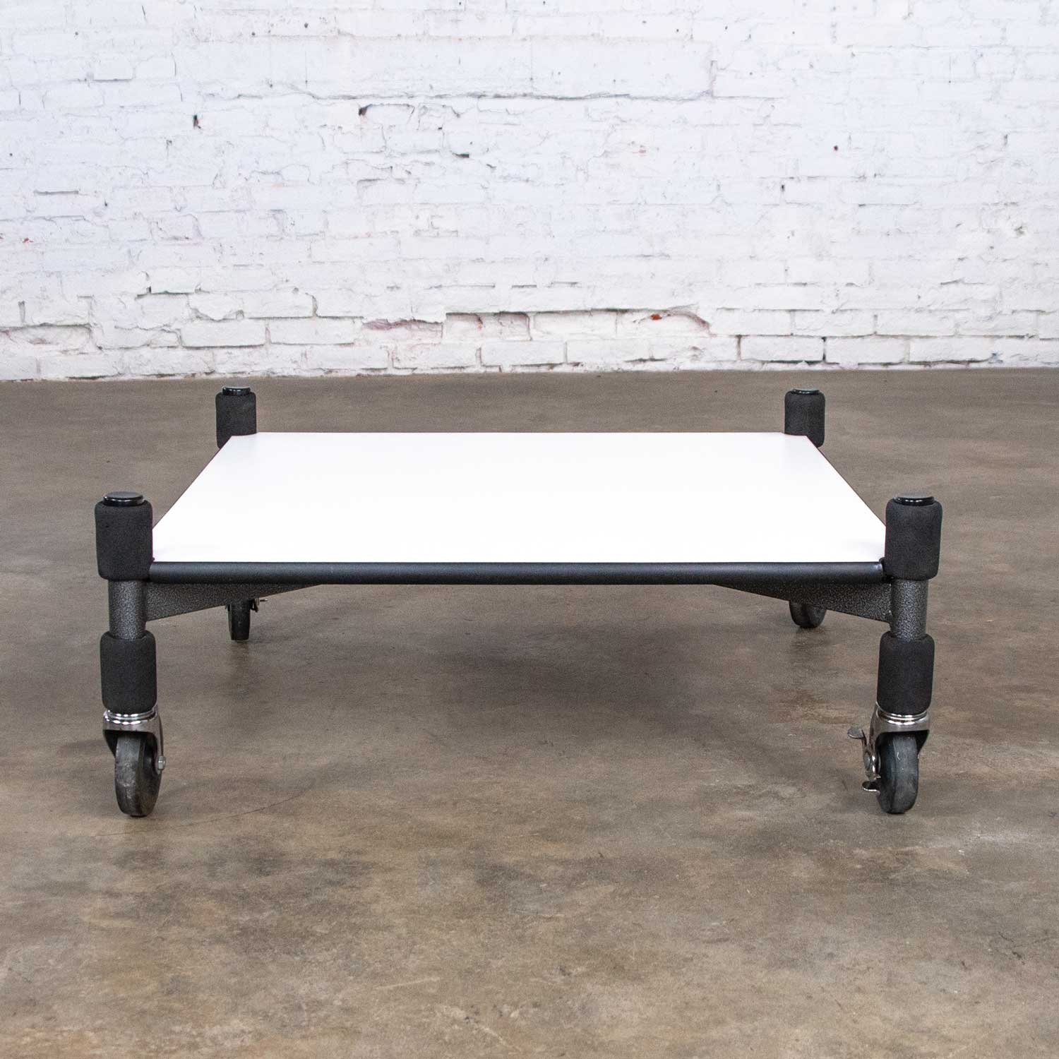 Post-Modern White Laminate & Metal Low Coffee Table or End Table on Casters Style Brian Kane
