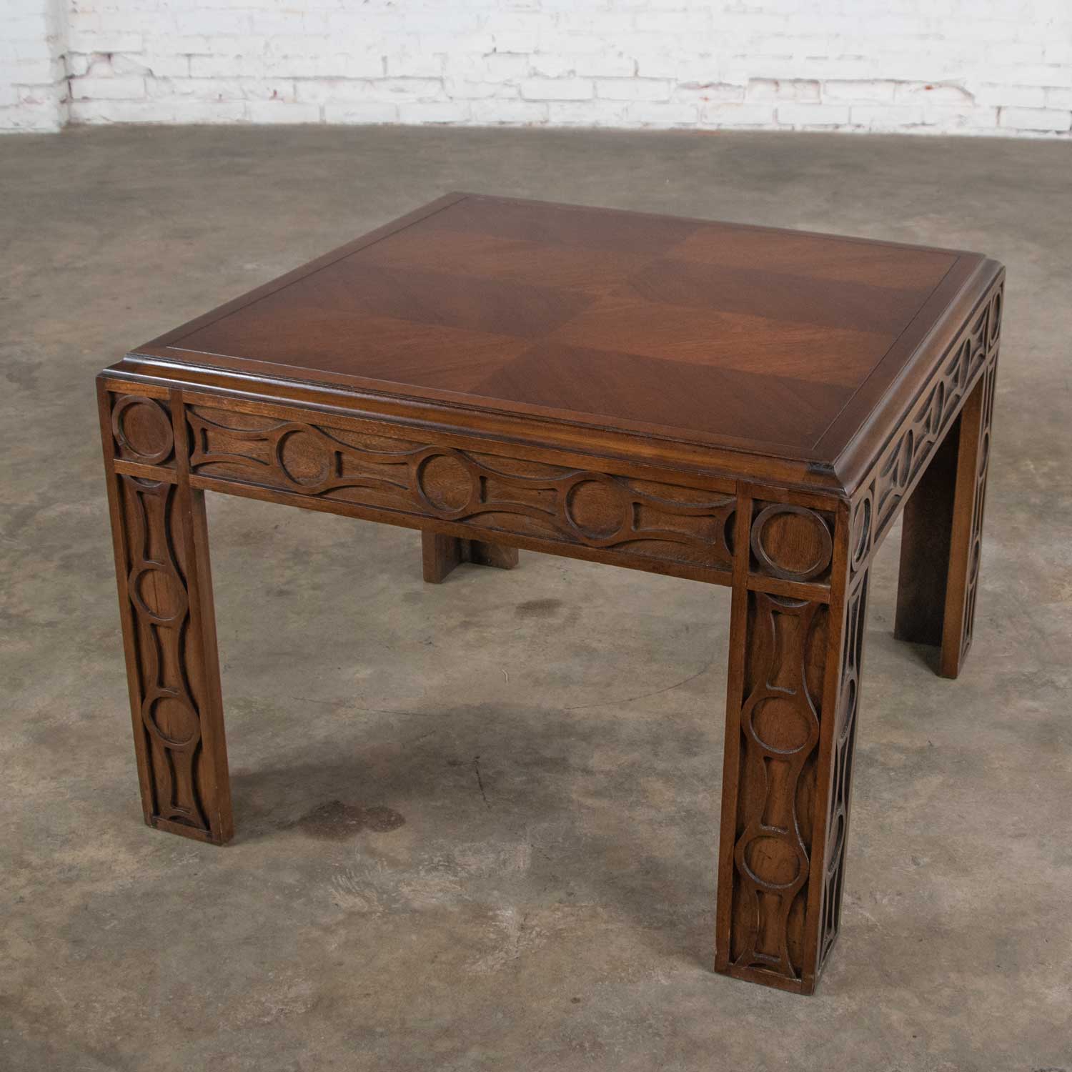 Vintage Modern Square Lane End or Side Table with Carved Leg Design & Chevron Veneer Top