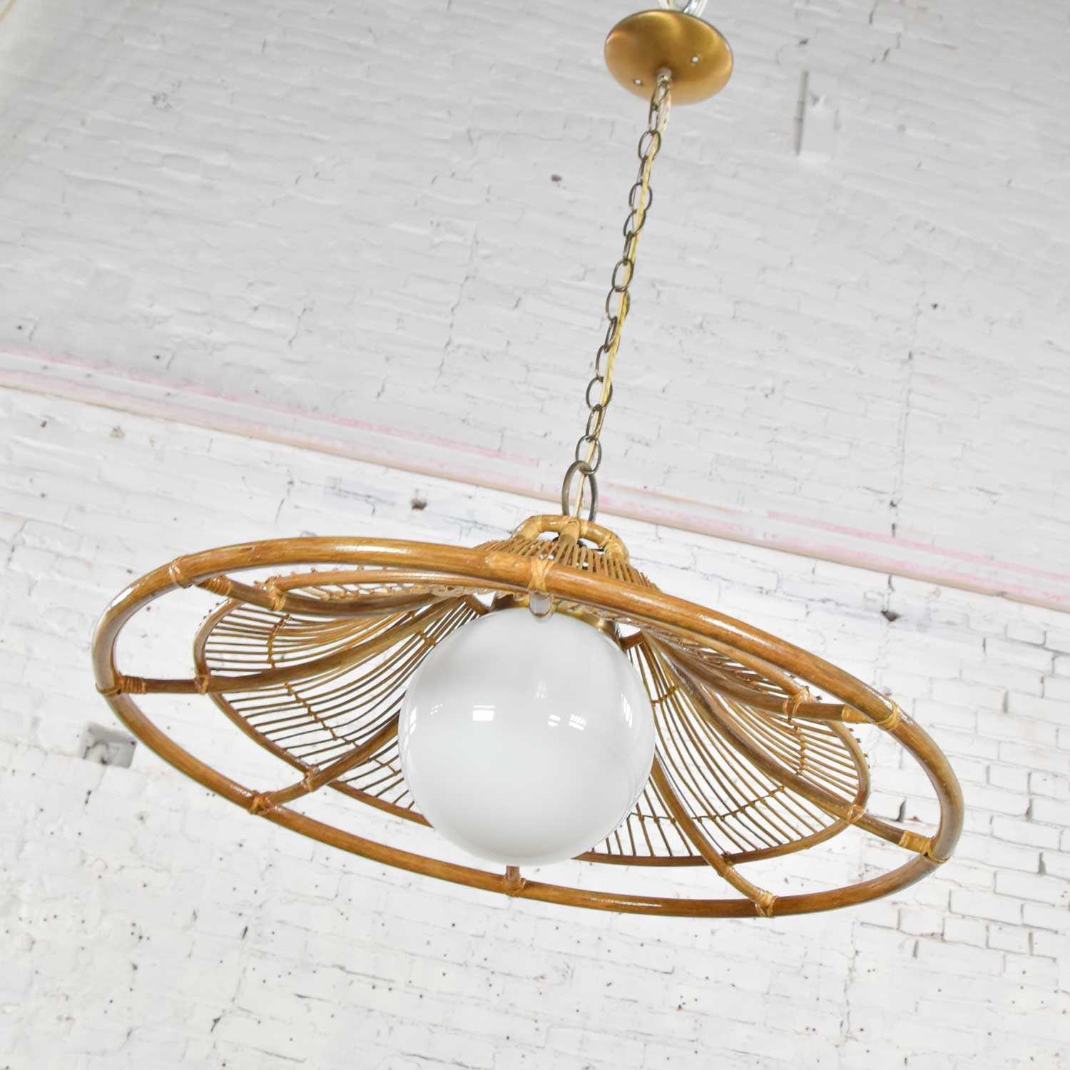 MCM Vintage Rattan Bell Shaped Pendant Light with Milk Glass Globe & Brass Plated Accents
