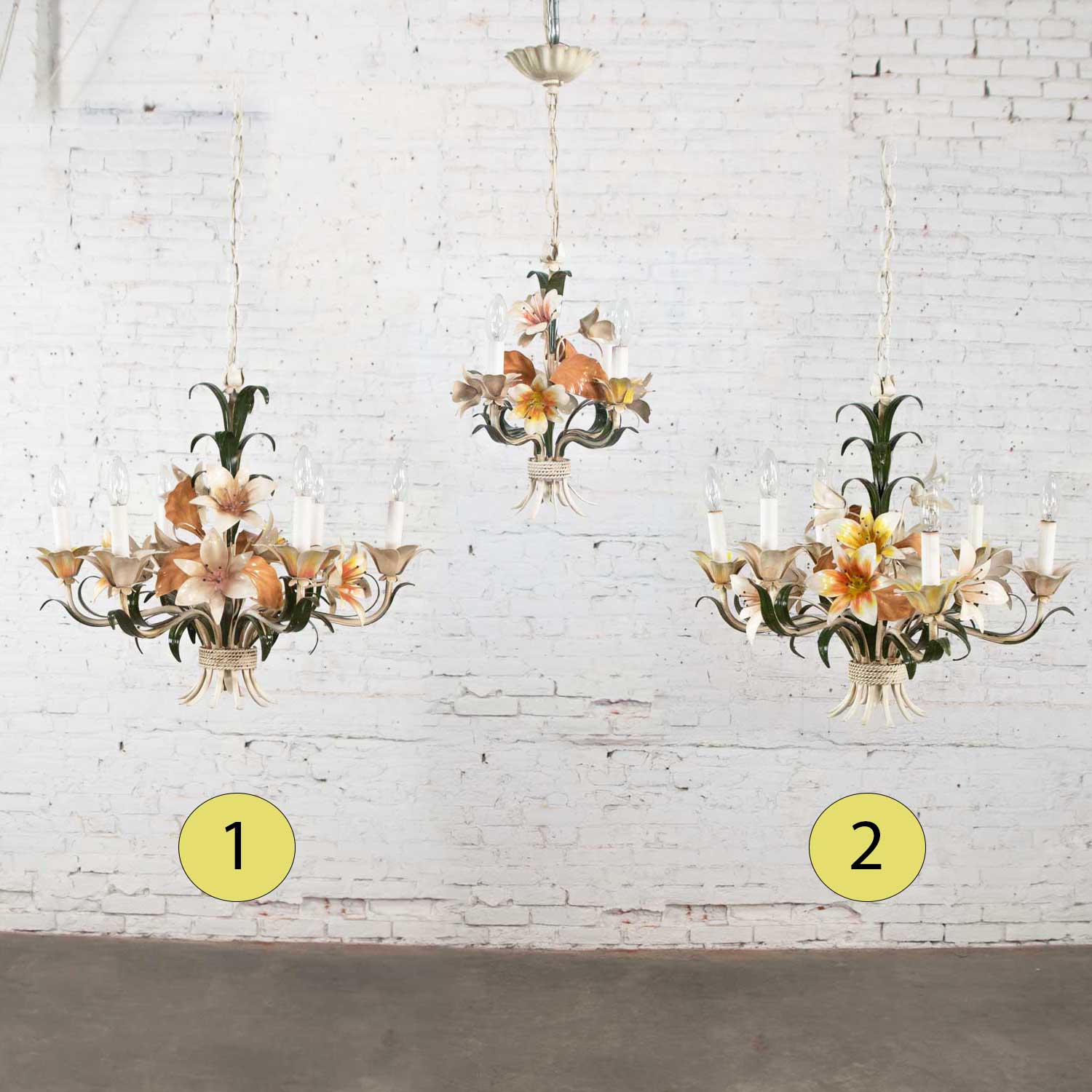 Trio Vintage Tole Painted Floral Chandeliers 2 with 6 Lights & 1 with 3 Lights