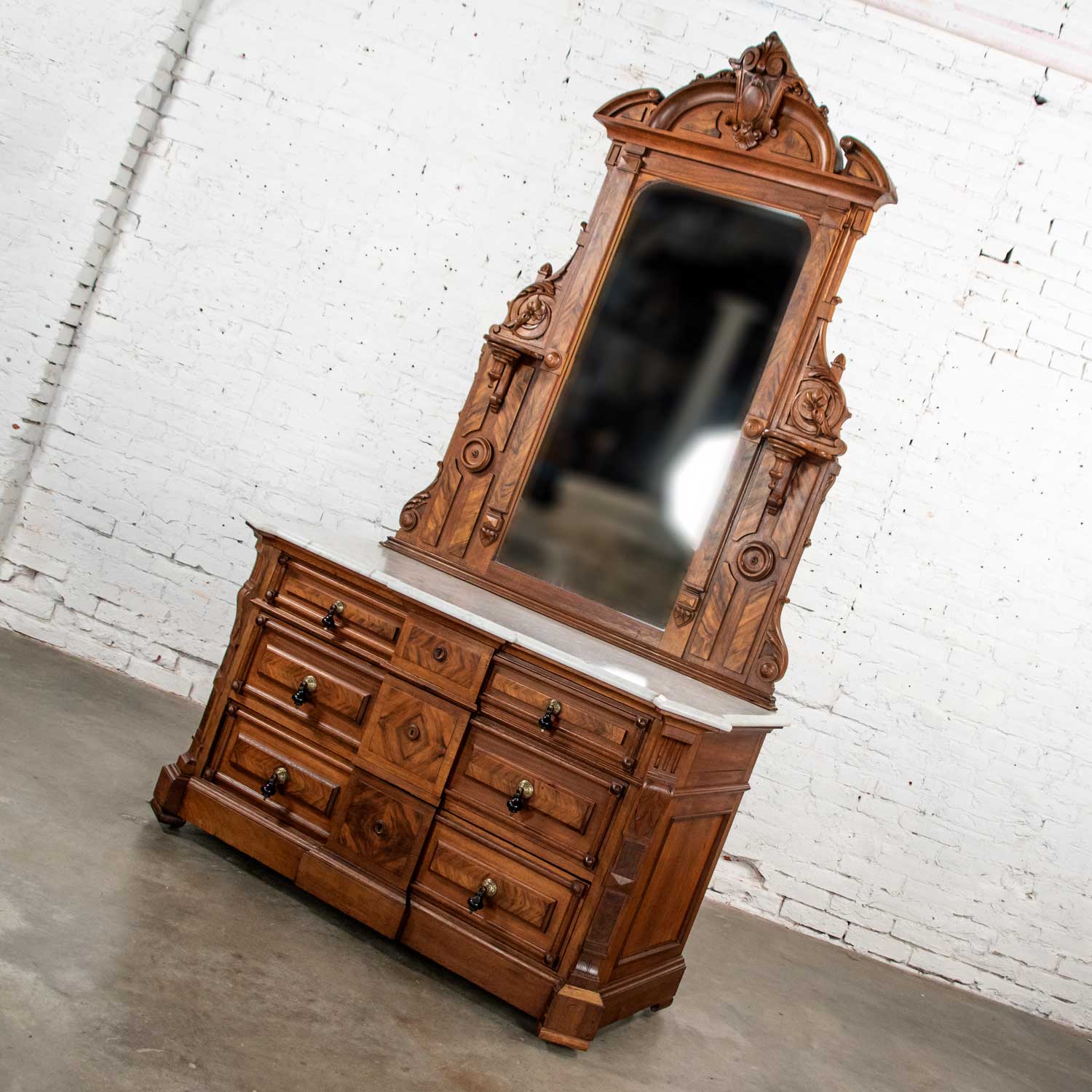 Antique Victorian Mirrored Dresser in Walnut & Burl Walnut with White Marble Top