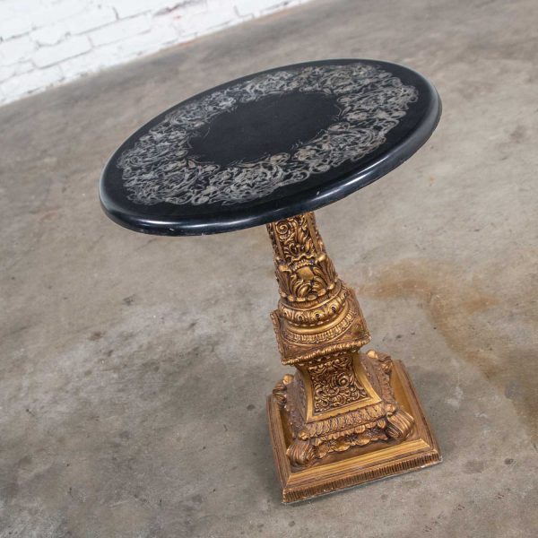 Neoclassic Hollywood Regency Gilded Plaster Round Pedestal Side Table & Black Top