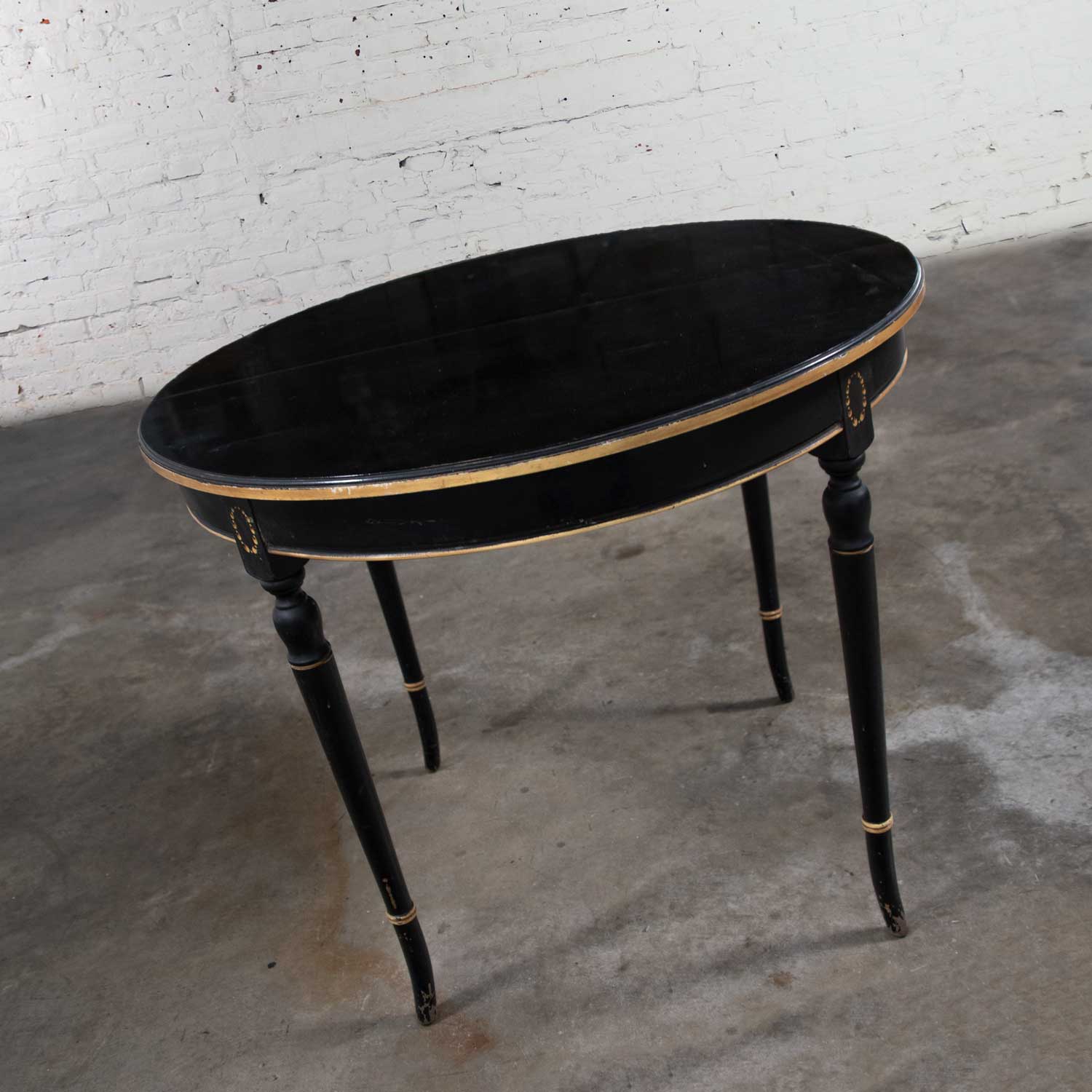 Round Neoclassical Dining Table or Center Table Black Age-Distressed Finish & Gold Detail
