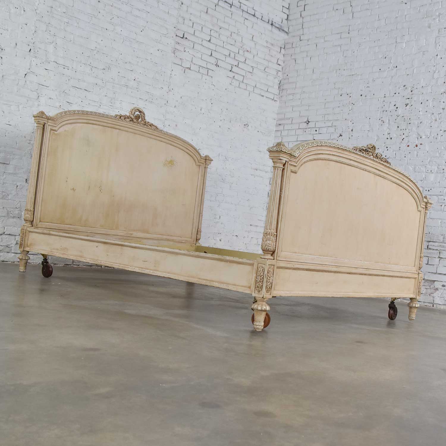 Antique French Louis XVI Style Distressed Off White Painted Queen Bed Antique French Louis XVI Style Distressed Off White Painted Queen Bed