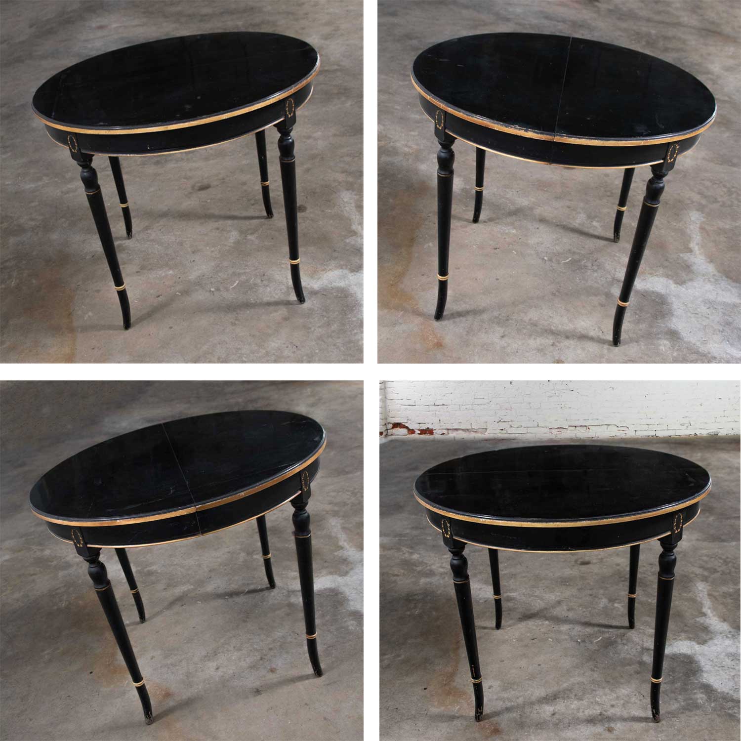 Round Neoclassical Dining Table or Center Table Black Age-Distressed Finish & Gold Detail