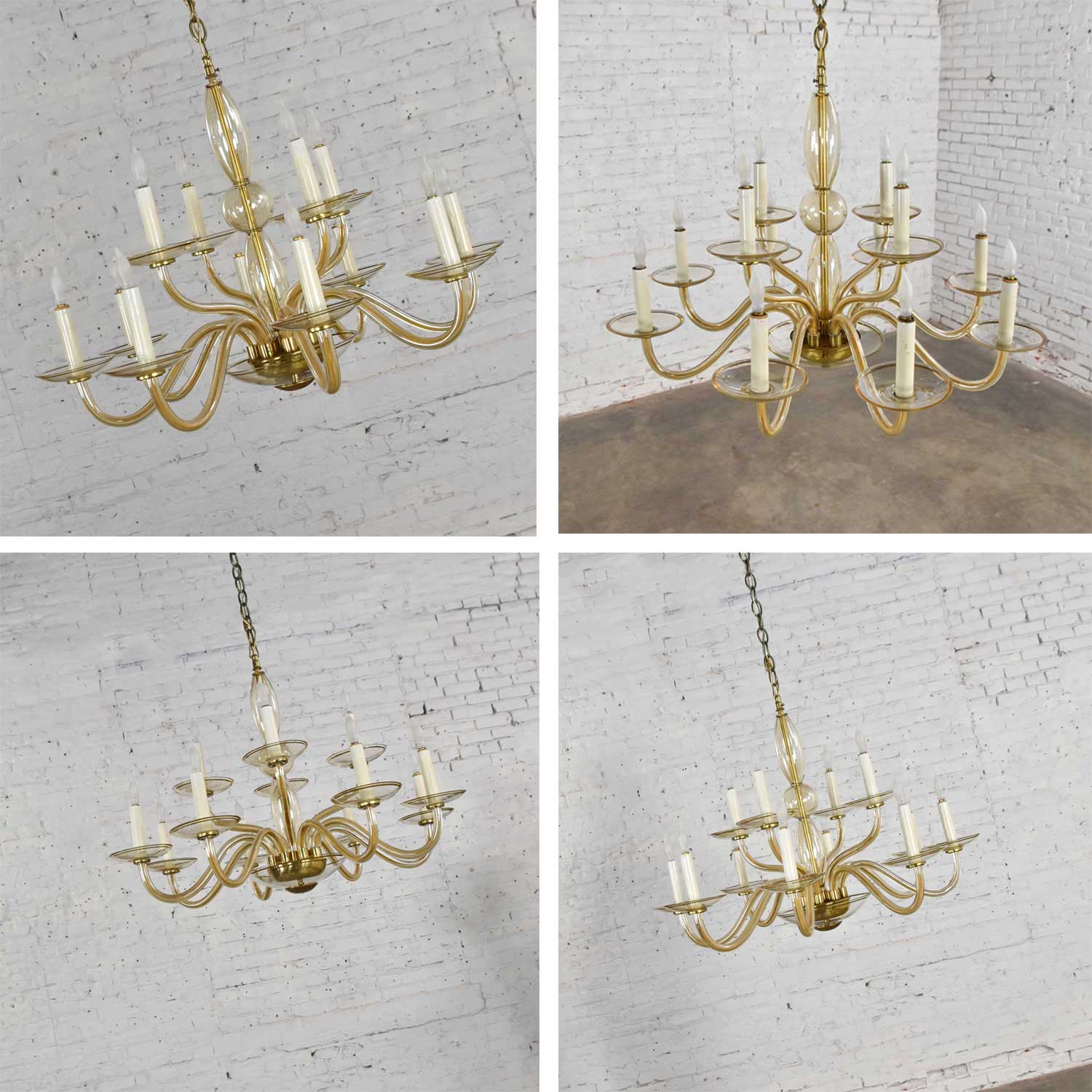 Czech Bohemian Blown Glass and Brass 12 Arm Chandelier & 3 Wall Sconces Mid 20th Century