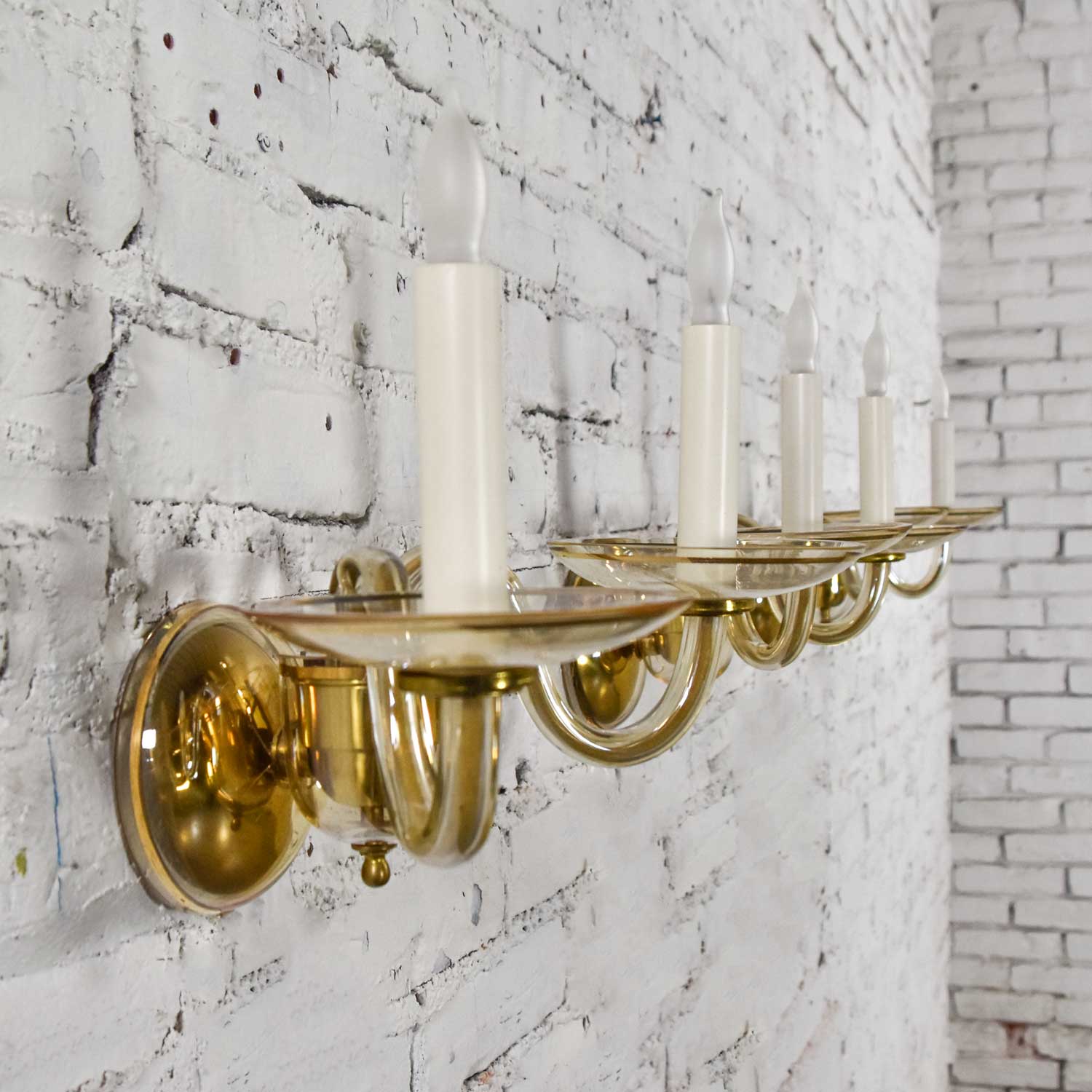 Czech Bohemian Blown Glass and Brass 12 Arm Chandelier & 3 Wall Sconces Mid 20th Century
