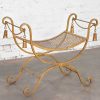 Gilded Wrought Iron Curule or Savonarola Italian Hollywood Regency Vanity Stool with Tassels