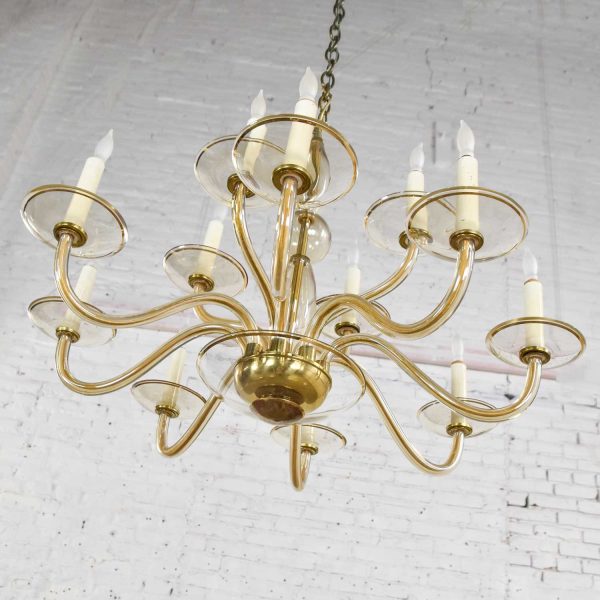 Czech Bohemian Blown Glass and Brass 12 Arm Chandelier & 3 Wall Sconces Mid 20th Century