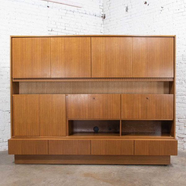 Mid Century Modern Teak Veneer German Shrunk Wall Unit Secretary Liquor Cabinet 2 Piece