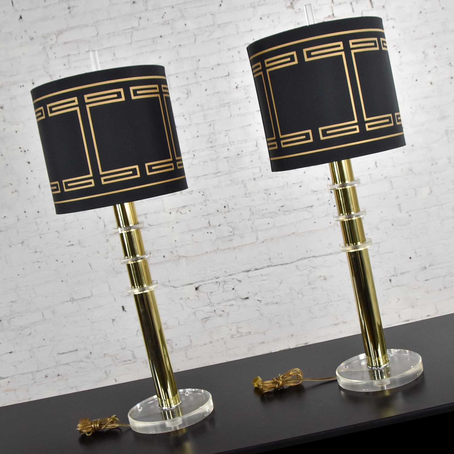Modern Hollywood Regency Lucite & Brass Plate Lamps Black Shades a Pair Style Karl Springer