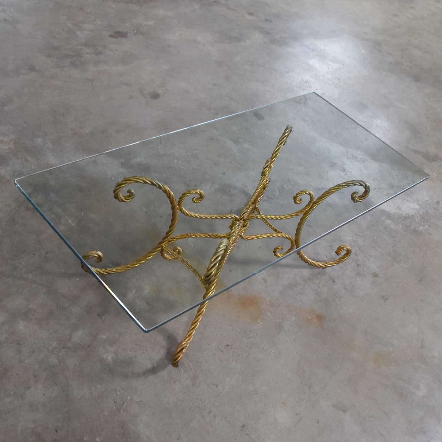 Vintage Italian Gilded Twisted Iron Rope Coffee or Cocktail Table with Rectangle Glass Top