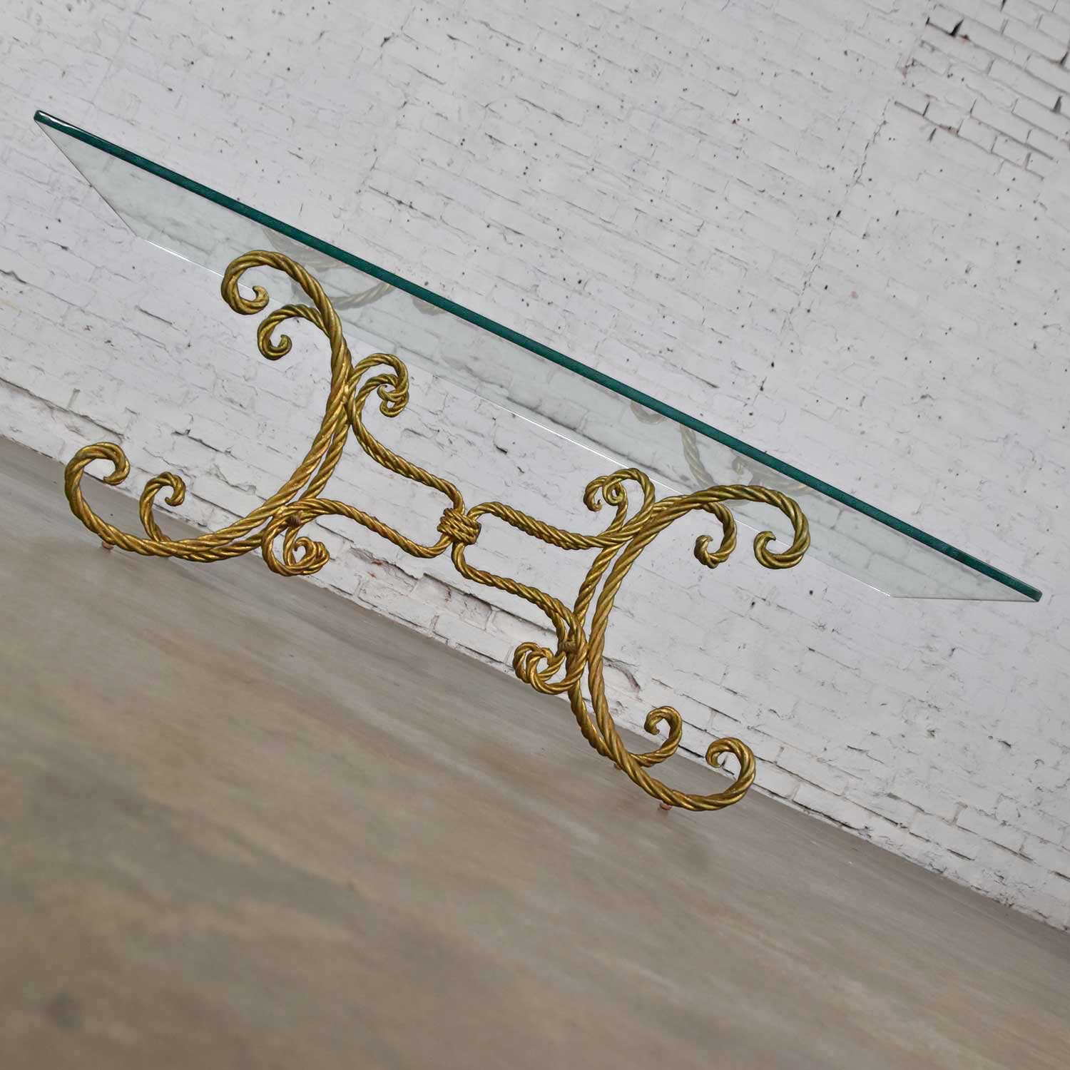 Vintage Italian Gilded Twisted Iron Rope Coffee or Cocktail Table with Rectangle Glass Top