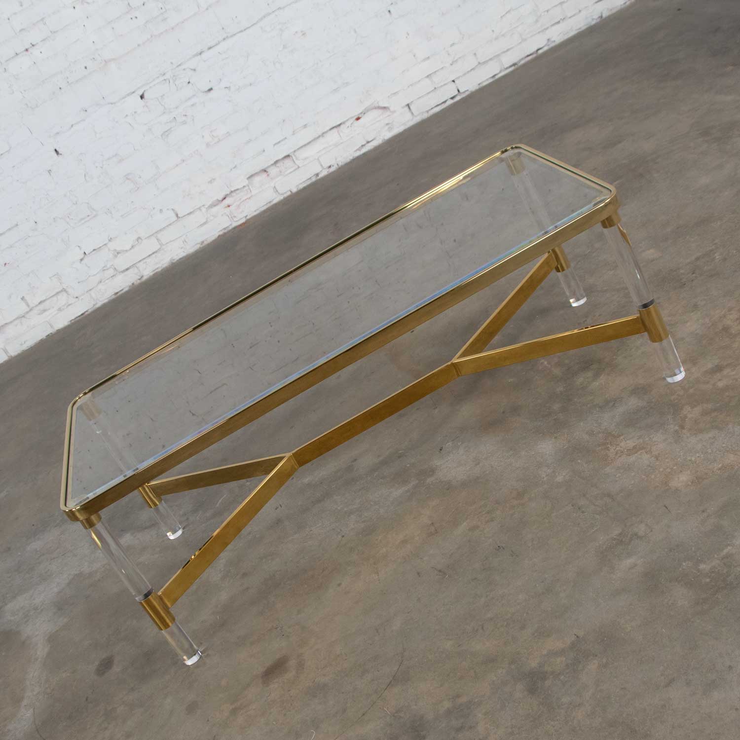 Vintage Modern Hollywood Regency Brass and Lucite Coffee or Cocktail Table in the Style of Karl Springer