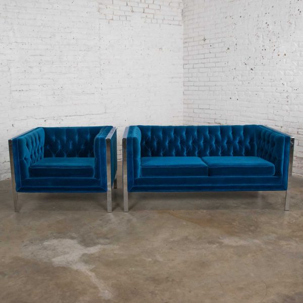 MCM Royal Blue Velvet & Chrome Cube Loveseat & Chair After Milo Baughman