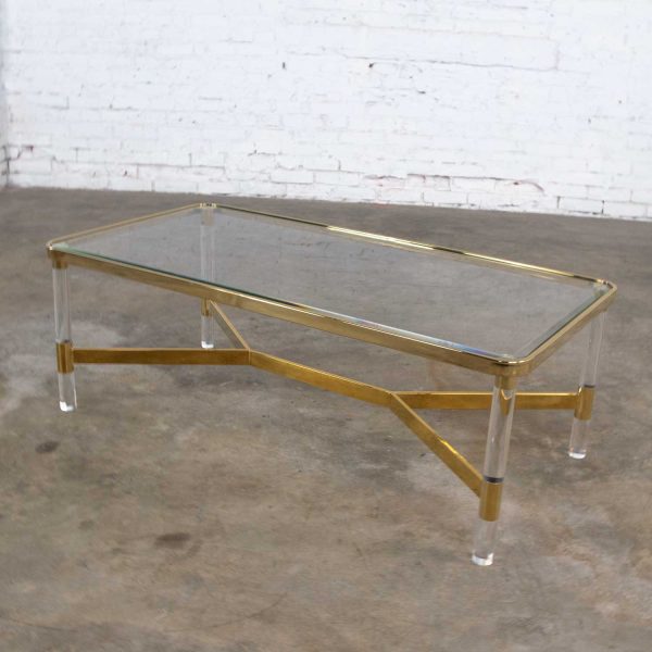 Vintage Modern Hollywood Regency Brass and Lucite Coffee or Cocktail Table in the Style of Karl Springer