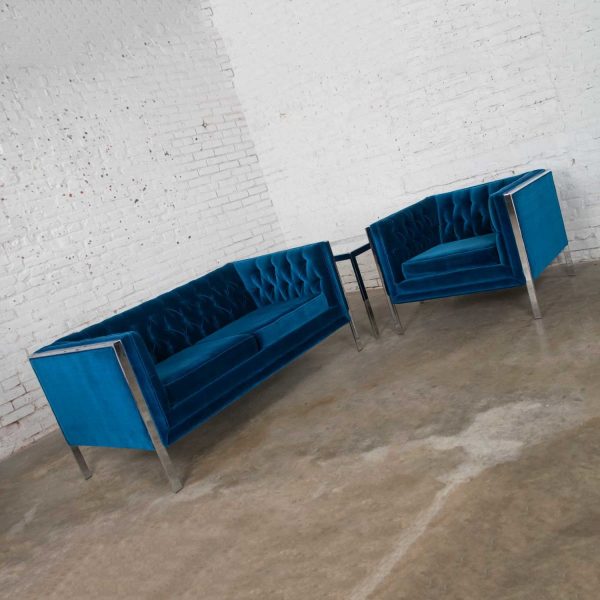 MCM Royal Blue Velvet & Chrome Cube Loveseat & Chair After Milo Baughman