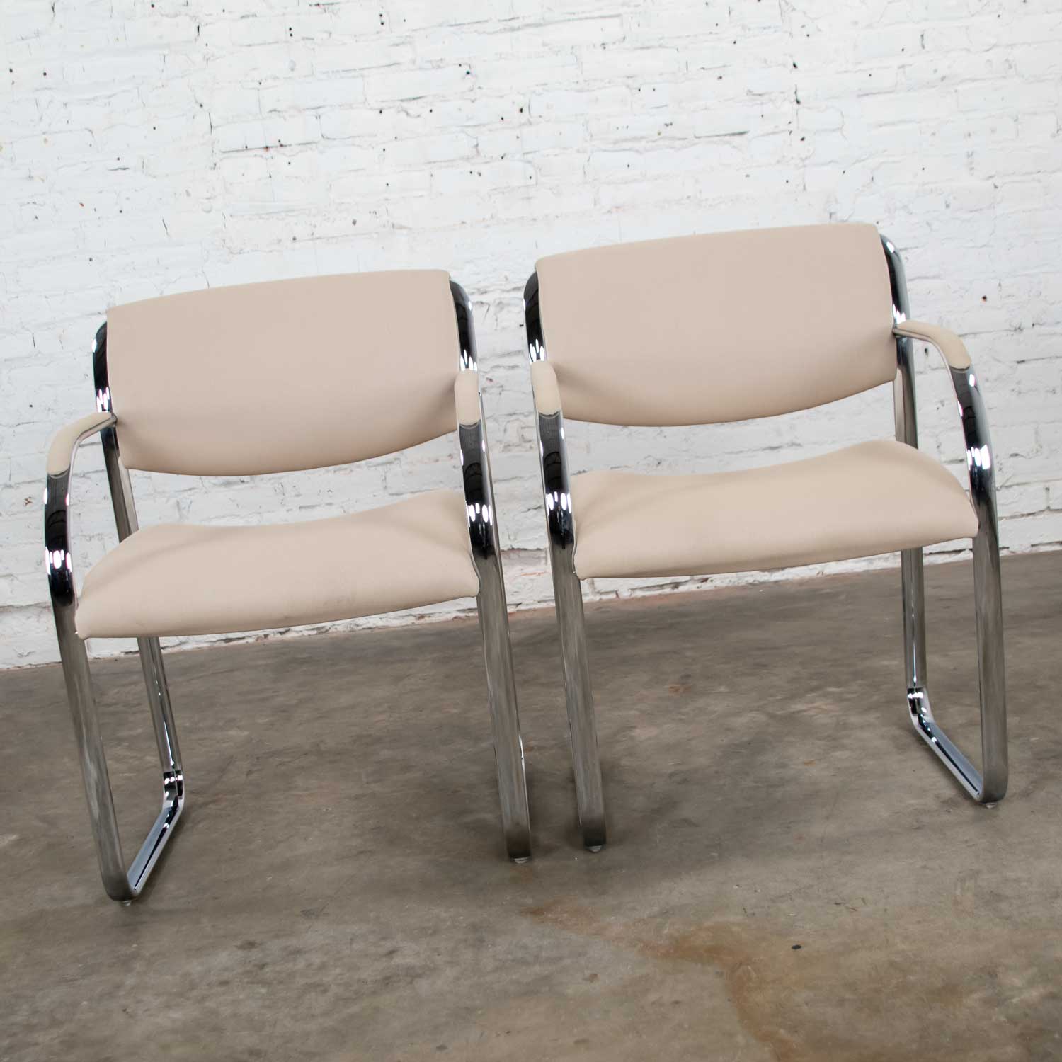 Modern Pair Off White and Chrome Accent or Dining Armchairs by Steelcase