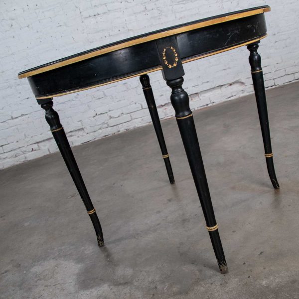 Round Neoclassical Dining Table or Center Table Black Age-Distressed Finish & Gold Detail