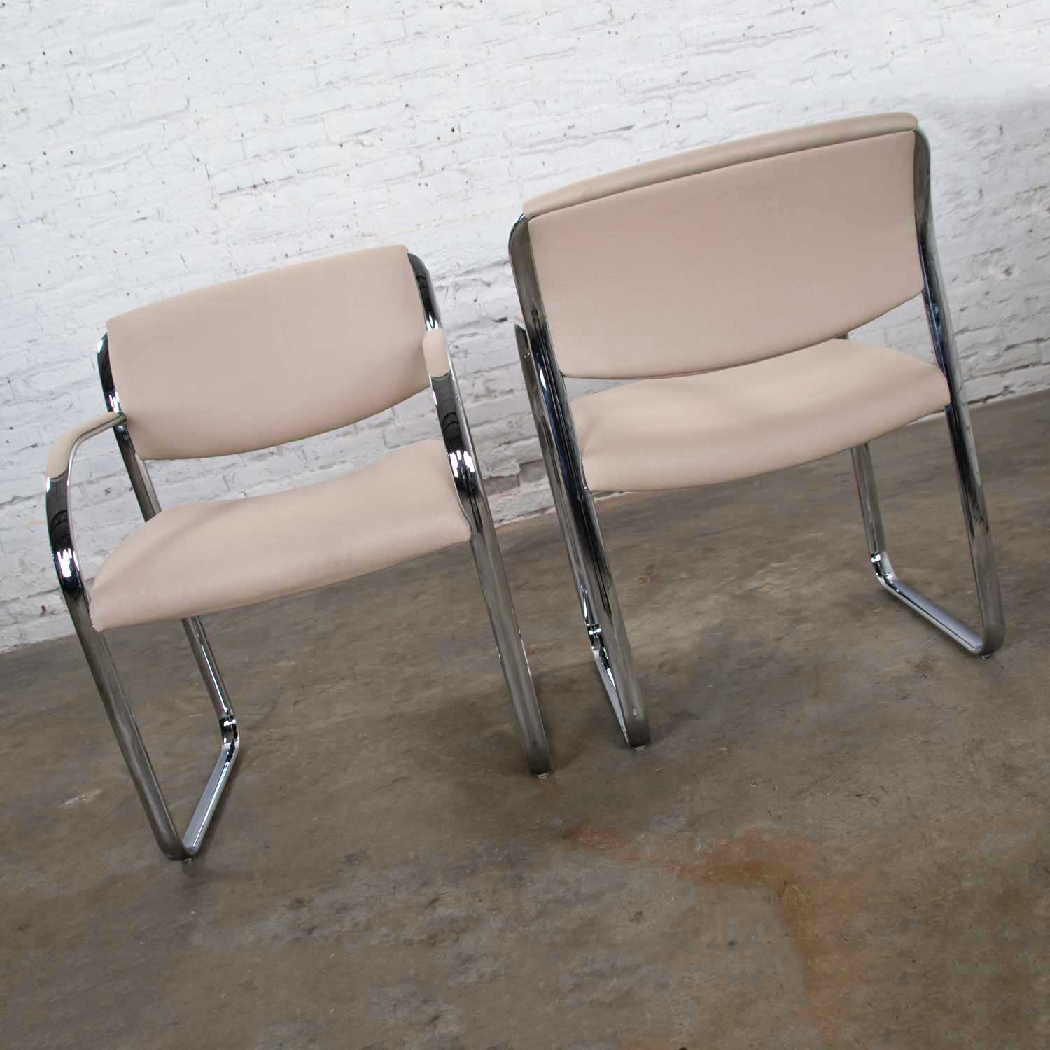 Modern Pair Off White and Chrome Accent or Dining Armchairs by Steelcase