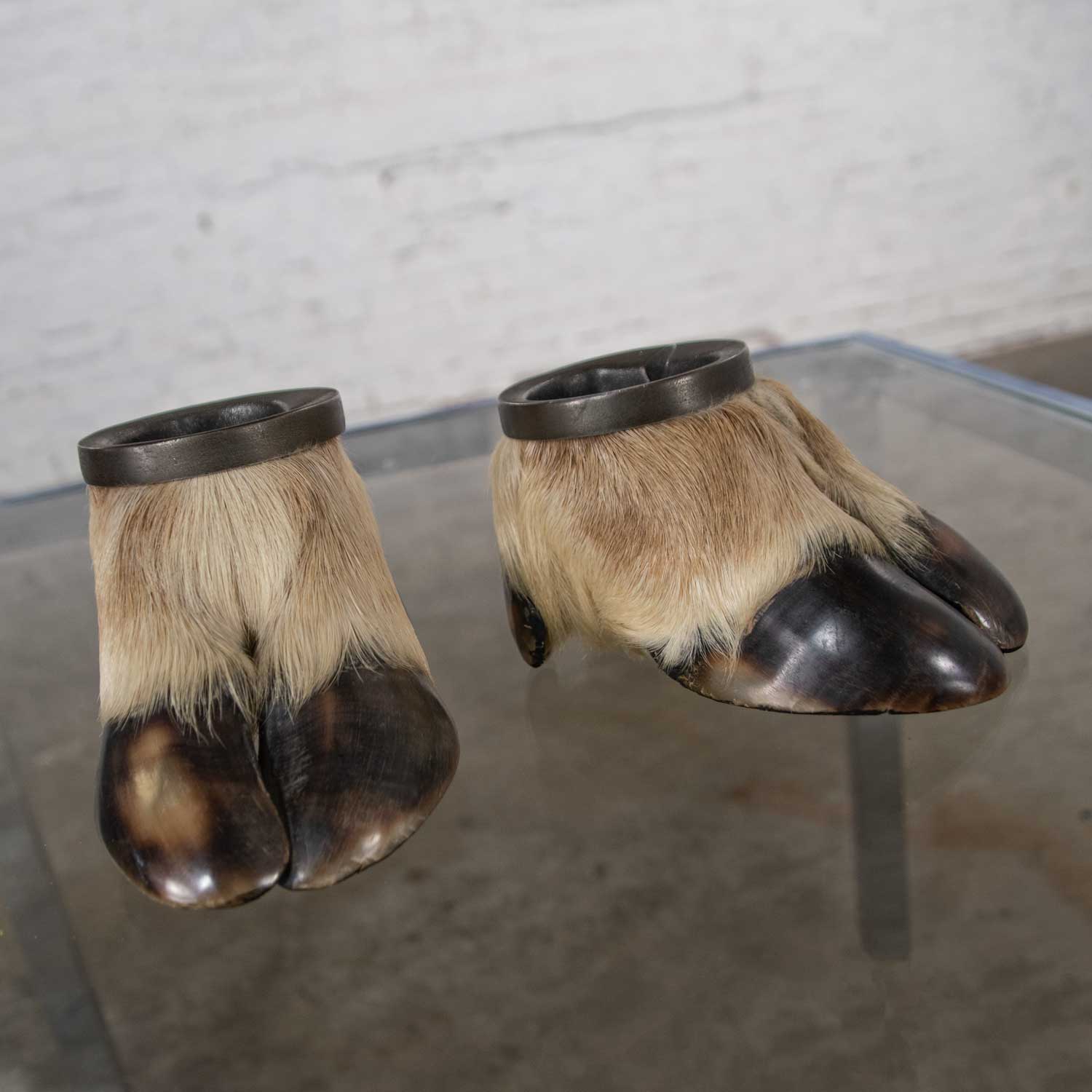 Vintage Taxidermy Caribou Hooves with Bronze Ash Tray Insert Vide-Poche or Candle Holder