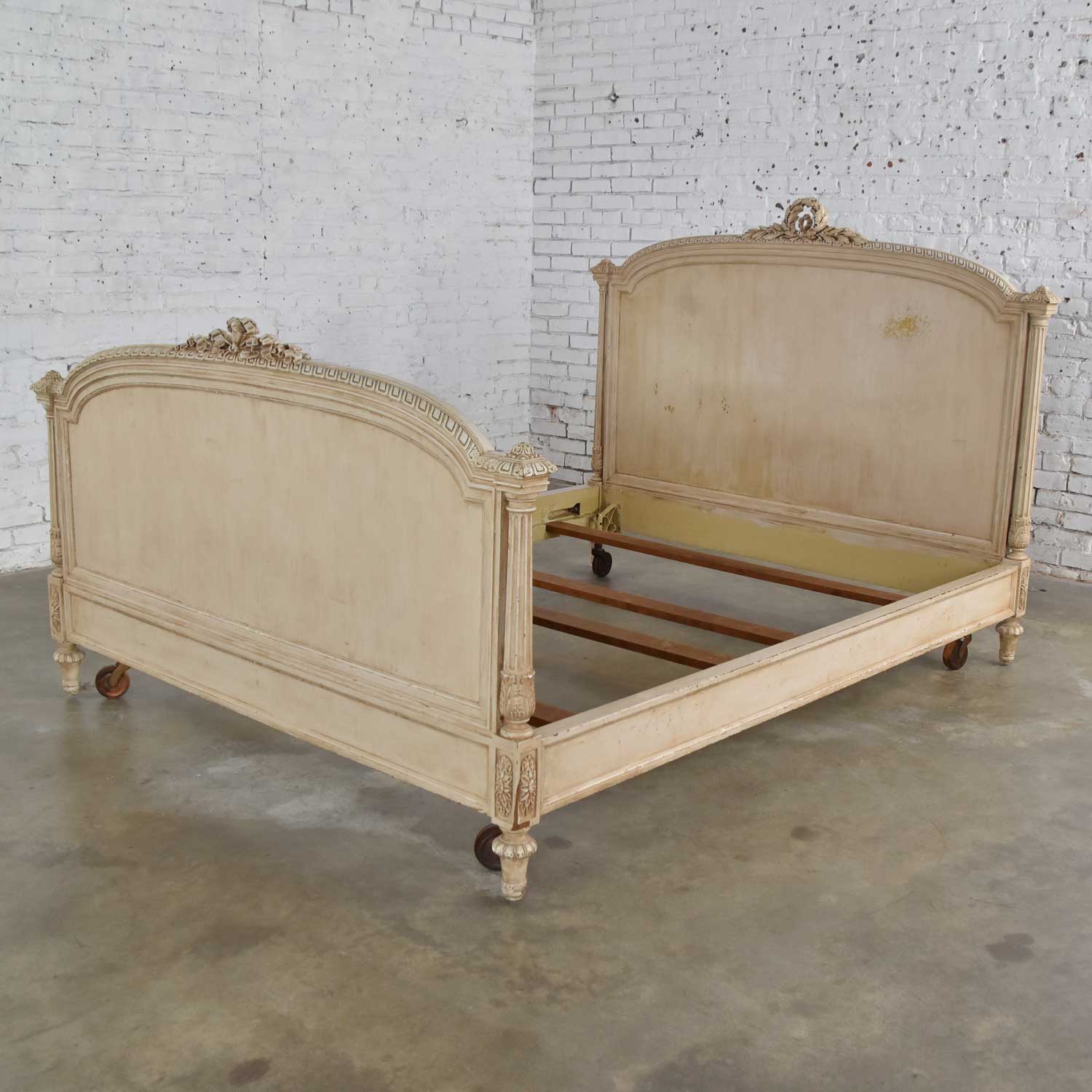 Antique French Louis XVI Style Distressed Off White Painted Queen Bed