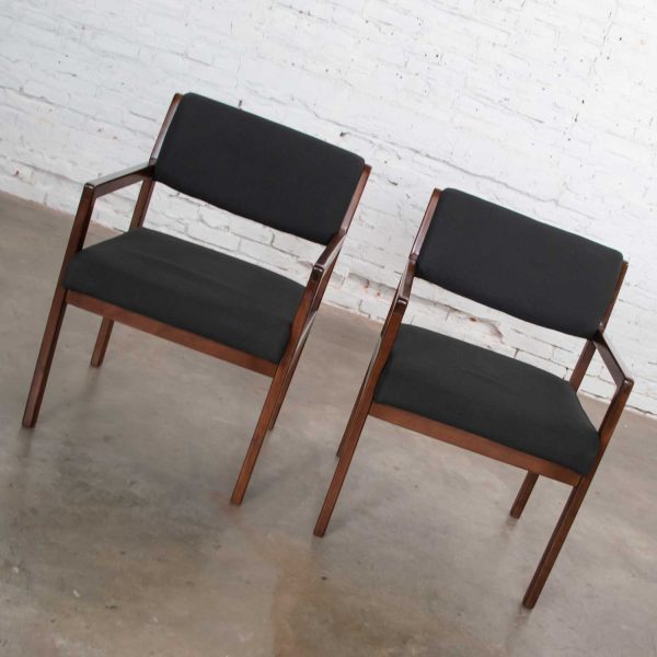 Modern Pair Black & Walnut Tone Wood Accent or Dining Armchairs by Haworth