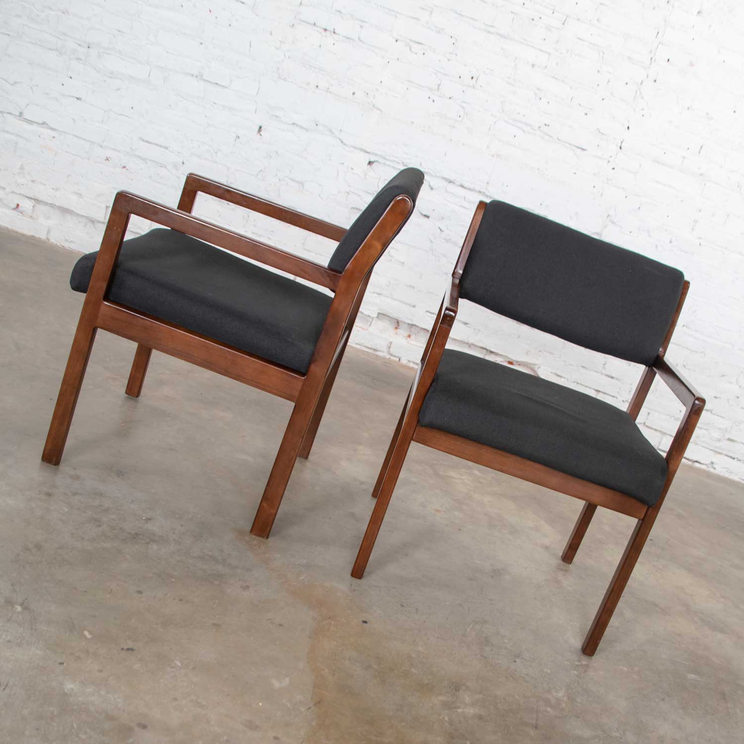 Modern Pair Black & Walnut Tone Wood Accent or Dining Armchairs by Haworth