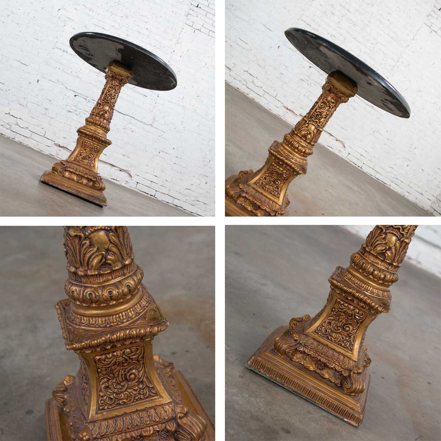 Neoclassic Hollywood Regency Gilded Plaster Round Pedestal Side Table & Black Top