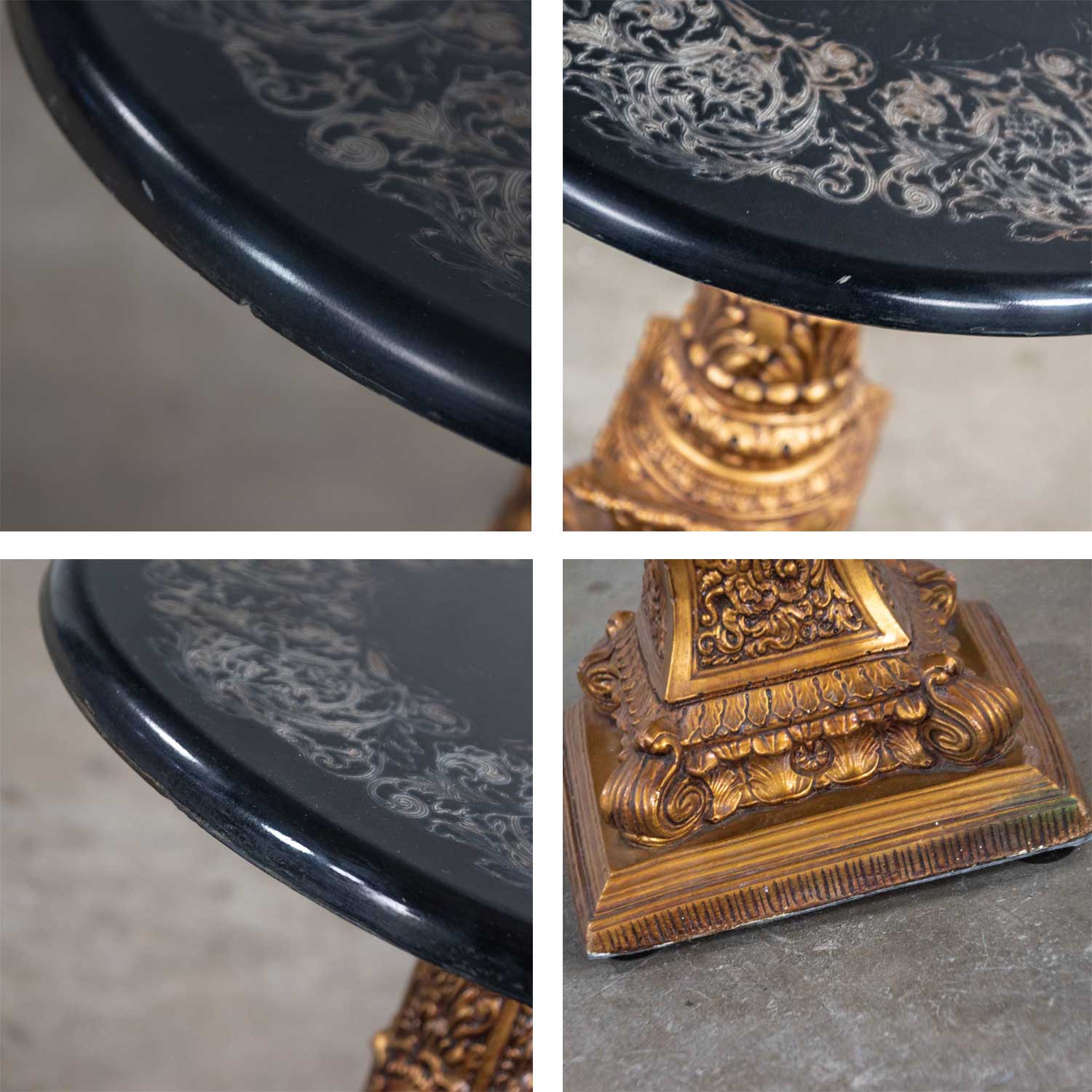 Neoclassic Hollywood Regency Gilded Plaster Round Pedestal Side Table & Black Top